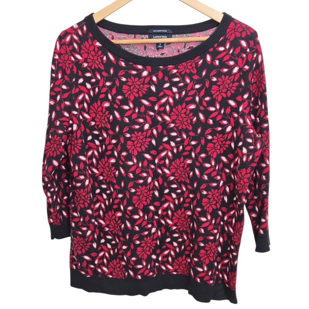 Lands End Womens Red Floral Knit Sweater Top XL 3/4 Sleeve Supima Cotton Casual